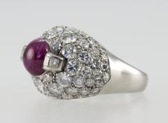 VINTAGE DIAMOND CLUSTER AND RUBY DOME PLATINUM RING - 2783457