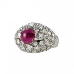 VINTAGE DIAMOND CLUSTER AND RUBY DOME PLATINUM RING - 2784560