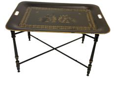 VINTAGE TOLE BLACK GOLD CHINOISERIE TRAY TABLE WITH X STRETCHER BASE - 4646057