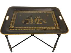 VINTAGE TOLE BLACK GOLD CHINOISERIE TRAY TABLE WITH X STRETCHER BASE - 4646058