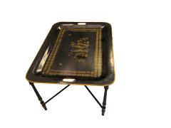 VINTAGE TOLE BLACK GOLD CHINOISERIE TRAY TABLE WITH X STRETCHER BASE - 4646059