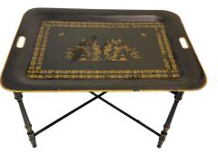 VINTAGE TOLE BLACK GOLD CHINOISERIE TRAY TABLE WITH X STRETCHER BASE - 4646060