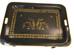 VINTAGE TOLE BLACK GOLD CHINOISERIE TRAY TABLE WITH X STRETCHER BASE - 4646061