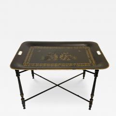 VINTAGE TOLE BLACK GOLD CHINOISERIE TRAY TABLE WITH X STRETCHER BASE - 4648613
