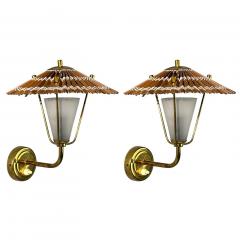 Valinte Oy Wall Lights Polished Brass Frosted Glass Rattan Finland 1950s - 4469284