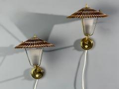 Valinte Oy Wall Lights Polished Brass Frosted Glass Rattan Finland 1950s - 4469288