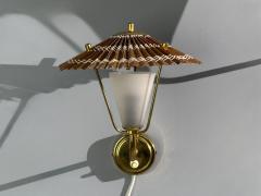Valinte Oy Wall Lights Polished Brass Frosted Glass Rattan Finland 1950s - 4469289