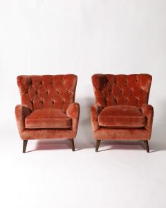 Velvet and Elm Tufted Armchairs Italy c 1950 - 4207175