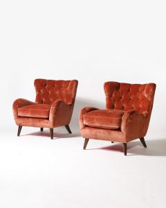 Velvet and Elm Tufted Armchairs Italy c 1950 - 4207177