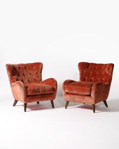 Velvet and Elm Tufted Armchairs Italy c 1950 - 4207178