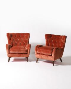 Velvet and Elm Tufted Armchairs Italy c 1950 - 4207179
