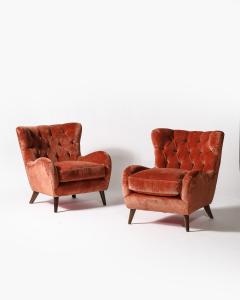 Velvet and Elm Tufted Armchairs Italy c 1950 - 4207182