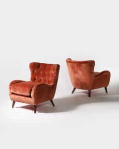 Velvet and Elm Tufted Armchairs Italy c 1950 - 4207183
