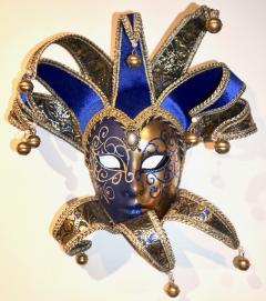 Venetian Green or Cobalt Blue and Gold Modern Mask with Jester Collar and Bells - 652656