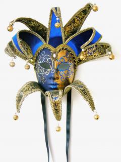 Venetian Green or Cobalt Blue and Gold Modern Mask with Jester Collar and Bells - 652657