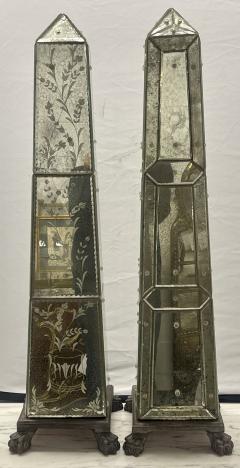 Venetian Mirrored Obelisk Compatible Pair Etched Glass Panels - 2923297