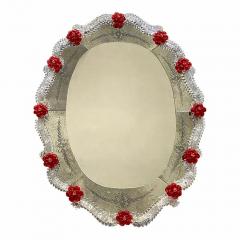 Venetian Murano Glass Oval Red Floral Wall Mirror Hand Carved Italian Art - 4567384