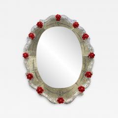 Venetian Murano Glass Oval Red Floral Wall Mirror Hand Carved Italian Art - 4569932