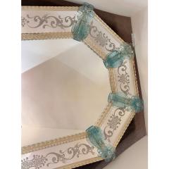Venetian Octagonal Wall Mirror Hand Carved in Murano Glass W Ligh Blue Flowers - 4460526