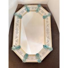 Venetian Octagonal Wall Mirror Hand Carved in Murano Glass W Ligh Blue Flowers - 4460527