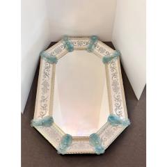 Venetian Octagonal Wall Mirror Hand Carved in Murano Glass W Ligh Blue Flowers - 4460529