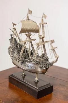 Venetian Pewter Jolly Roger Pirate Model Ship Mounted on Wooden Base - 3650458
