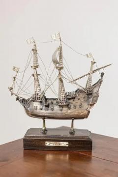 Venetian Pewter Jolly Roger Pirate Model Ship Mounted on Wooden Base - 3650461