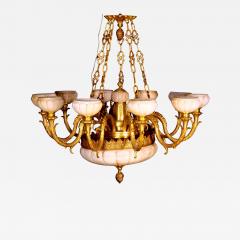 Very Impressive Gilt Bronze Mounted Glass Alabaster Shades Ten Light Chandelier - 3308680