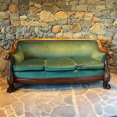 Victorian Empire Sofa Carved Mahogany Green Velvet Lion Paw Wheels 1920s - 2414066