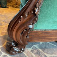 Victorian Empire Sofa Carved Mahogany Green Velvet Lion Paw Wheels 1920s - 2414072