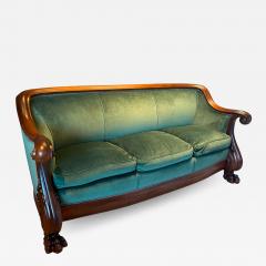 Victorian Empire Sofa Carved Mahogany Green Velvet Lion Paw Wheels 1920s - 2417072