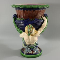 Victorian Minton Majolica Marine Mermen Jardiniere Pink Interior - 2961172