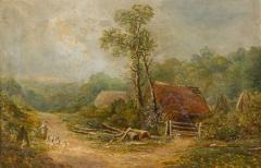 Victorian Oil Painting of Figures by Red Roofed House - 4539269