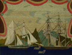 Victorian Sailors Woolwork Picture of Ships and Rowing Boats - 3612516