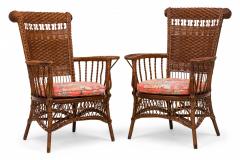 Victorian Wicker Armchairs with Semi Openwork Turned Backs and Floral Cushions - 2798460