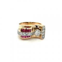 Vintage 14k Gold Retro Style Old Euro Cut Diamond and Baguette Cut Ruby Ring - 3552844