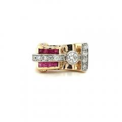 Vintage 14k Gold Retro Style Old Euro Cut Diamond and Baguette Cut Ruby Ring - 3552867