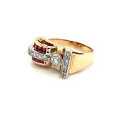 Vintage 14k Gold Retro Style Old Euro Cut Diamond and Baguette Cut Ruby Ring - 3552868