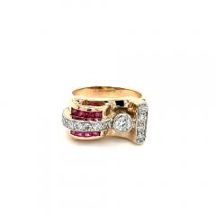 Vintage 14k Gold Retro Style Old Euro Cut Diamond and Baguette Cut Ruby Ring - 3552871