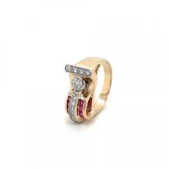 Vintage 14k Gold Retro Style Old Euro Cut Diamond and Baguette Cut Ruby Ring - 3552943