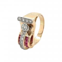 Vintage 14k Gold Retro Style Old Euro Cut Diamond and Baguette Cut Ruby Ring - 3610507