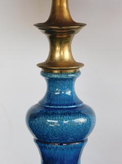 Vintage 1960s double baluster sapphire blue drip glaze lamp - 2130410