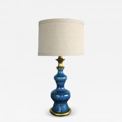 Vintage 1960s double baluster sapphire blue drip glaze lamp - 2131774