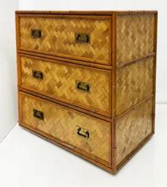 Vintage 1980s Faux Bamboo Cane Basket weave Dresser 4 Drawers Campaign Style - 3925041