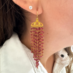 Vintage 22K Gold Pink Tourmaline Bead Indian Chandelier Drop Earrings - 3876990