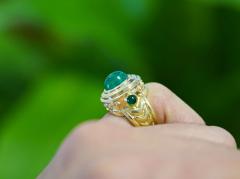 Vintage 3 Carat Cabochon Cut Colombian Emerald Bezel in 20K Yellow Gold Ring - 3509981