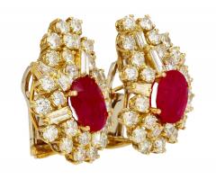 Vintage 4 5 Carat Ruby Diamond Cluster Clip On Earrings in 18K Yellow Gold - 3504799