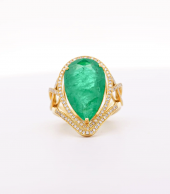 Vintage 9 Carat Pear Cut Zambian Emerald Diamond Halo Ring Jacket in 18K Gold - 3641871