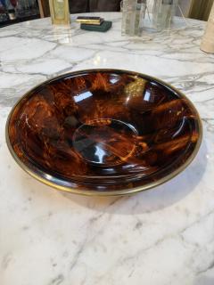 Vintage Amber Swirl Glass Bowl with Brass Rim - 4581387