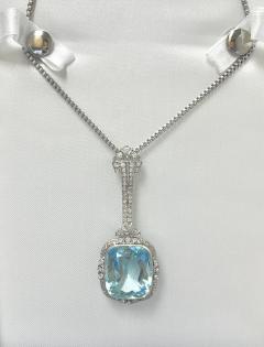 Vintage Art Deco Era GIA Certified Aquamarine and Old Euro Cut Diamond Necklace - 3548112
